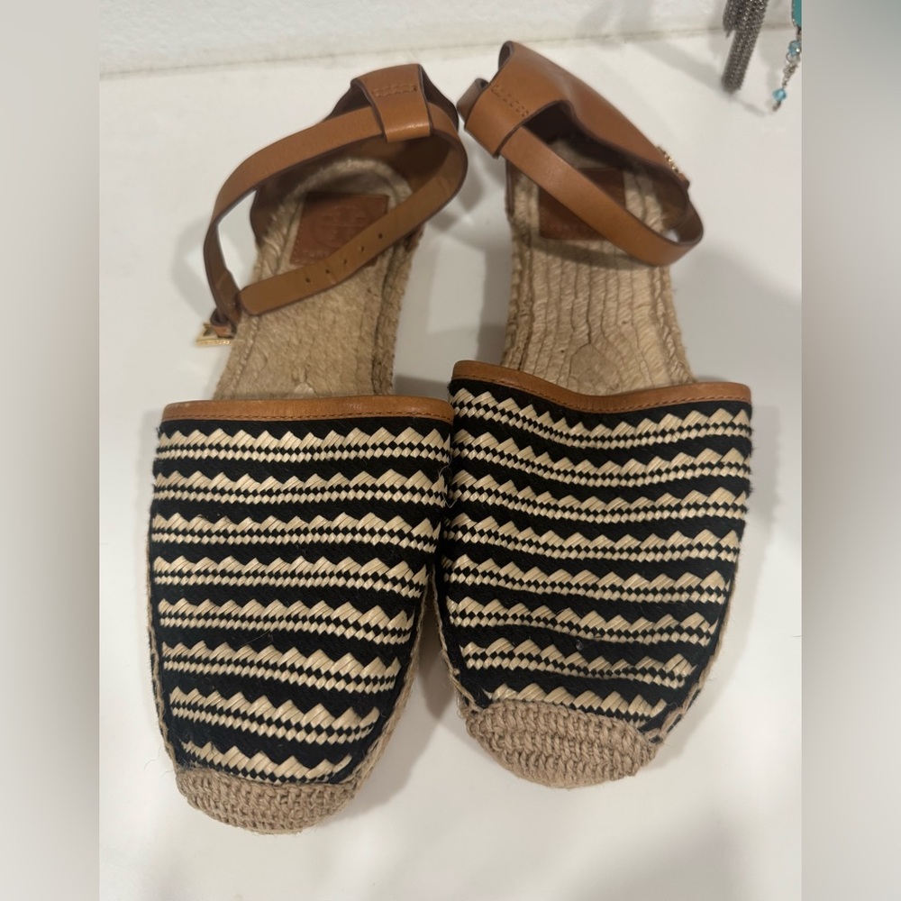Tory Burch Black and Tan Espadrille Sandals